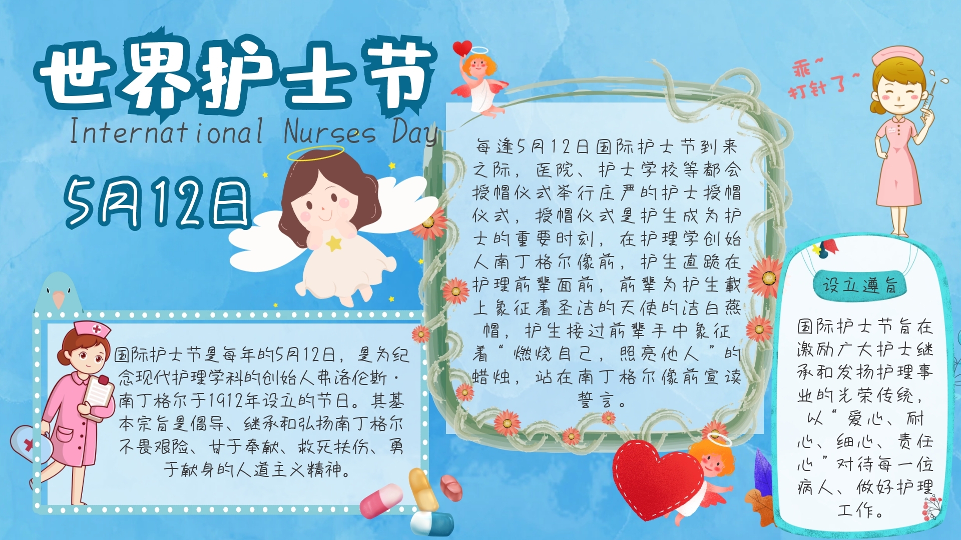 清新天蓝色护士南丁格尔国际护士节手抄报