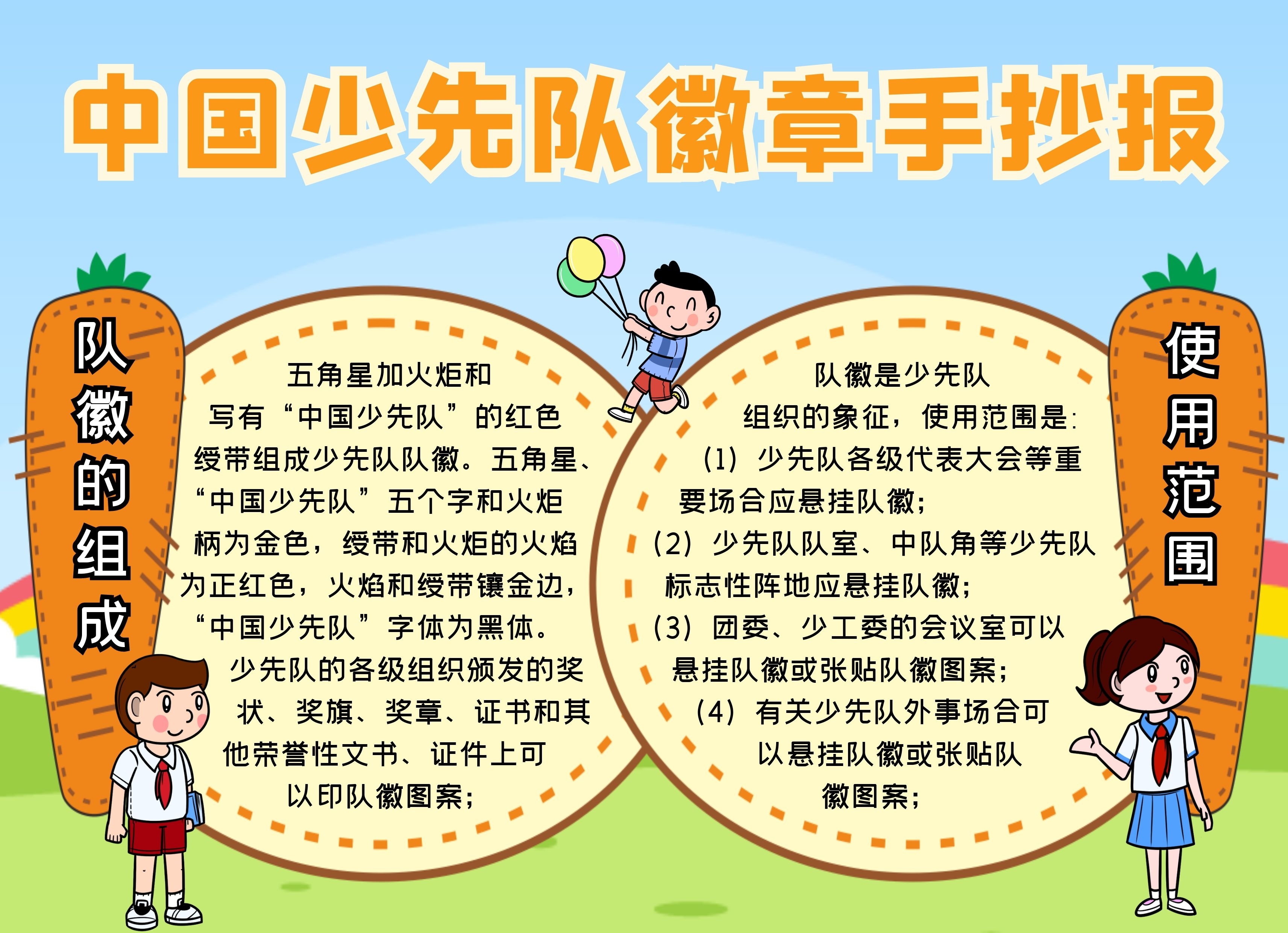 简约卡通生活中国少先队徽章蓝色绿色手抄报